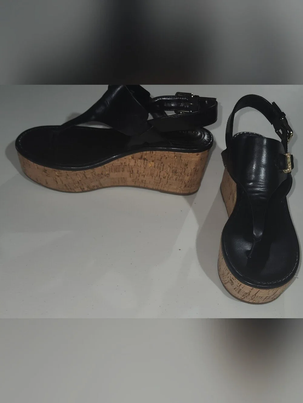 Tommy Hilfiger Black Cork Wedge Thong Sandals - Size 6.5